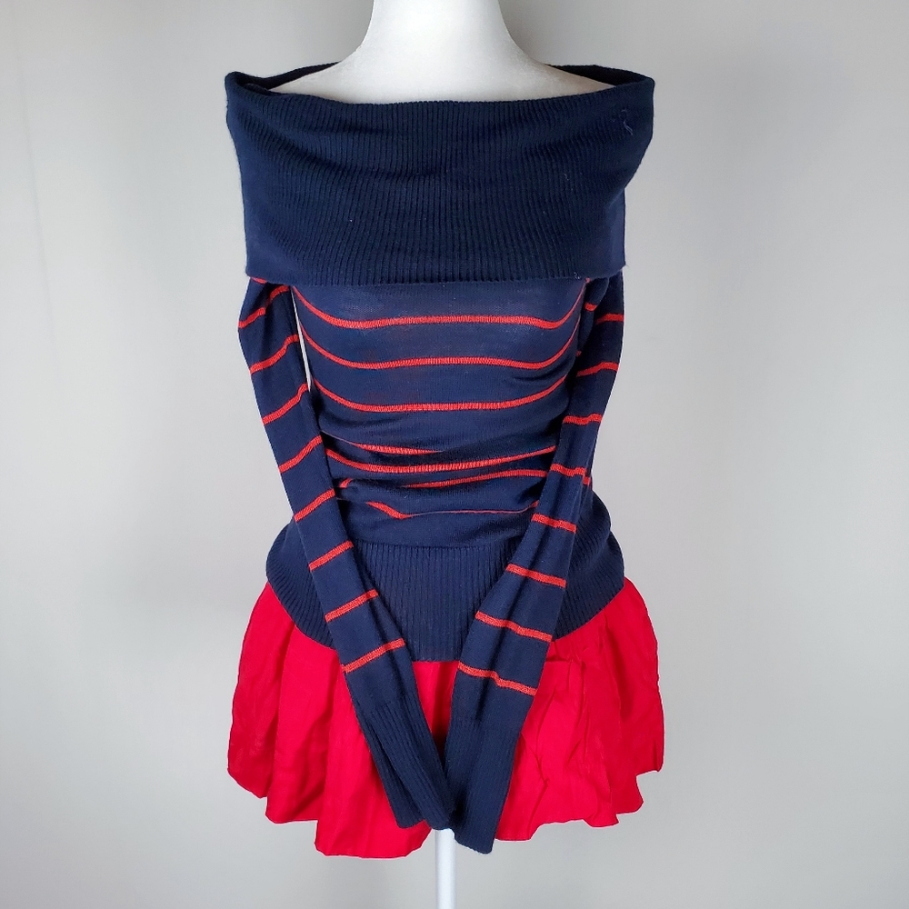 Forever21 Navy Blue Red Striped Off Shoulder Sweater